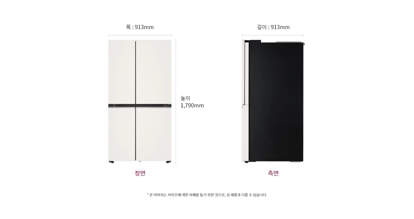 냉장고의 정면과 측면 모습이 나와 있으며, 정면은 폭 913mm, 높이 1,790mm로 표시되어 있고, 측면은 깊이 913mm로 표시되어 있습니다. 하단에는 본 이미지는 사이즈에 대한 이해를 돕기 위한 것으로, 실 제품과 다를 수 있습니다.라는 문구가 포함되어 있습니다.