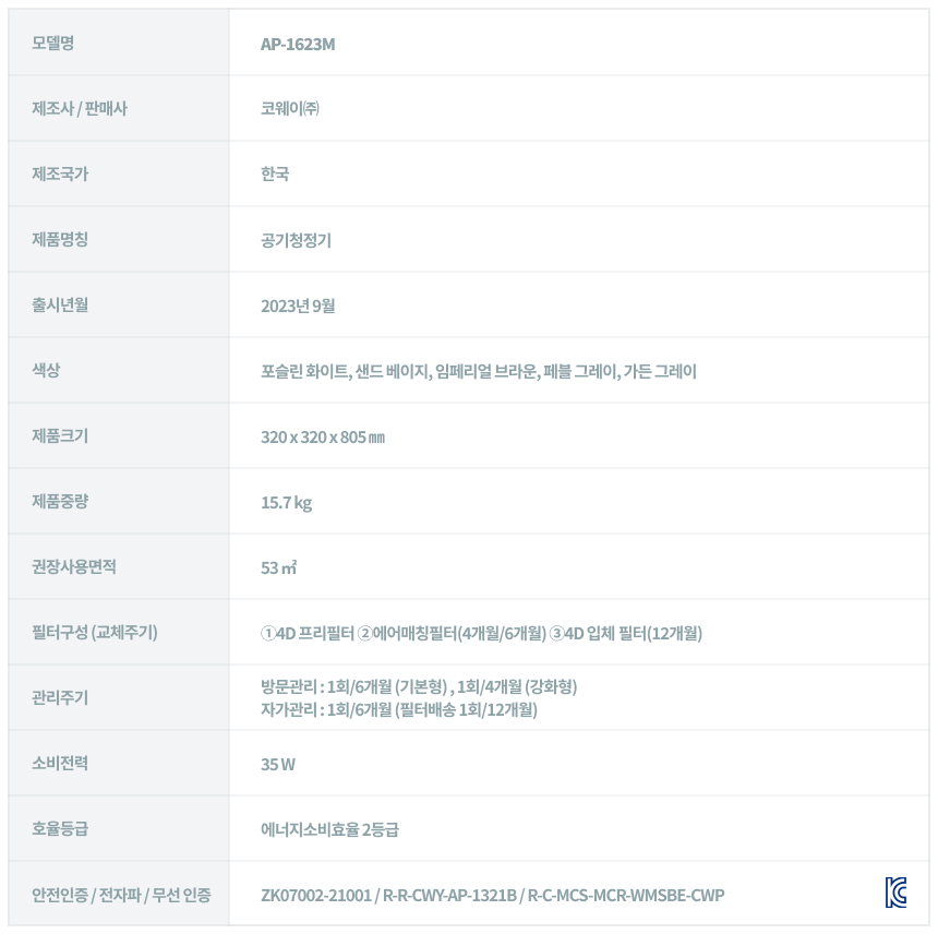 AP-1623M_코웨이 노블 공기청정기2_38번째 상세정보 코웨이 AP-1623M 코웨이 노블 공기청정기2 상세이미지 38