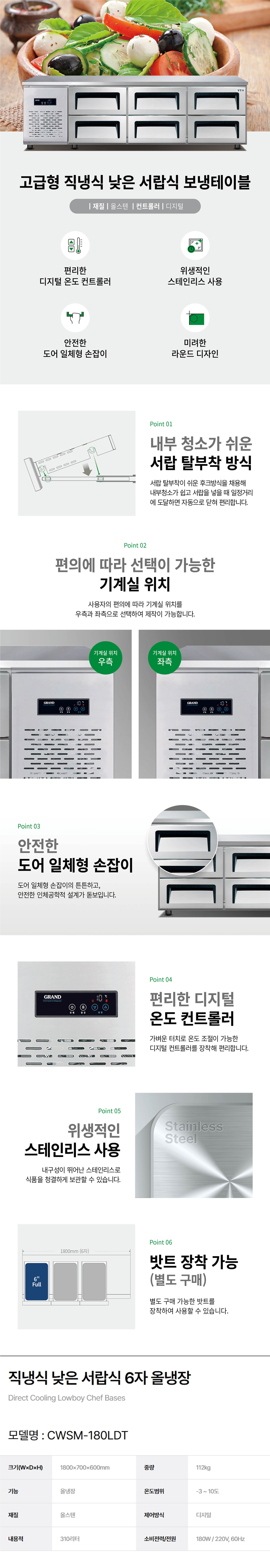 동양렌탈 CWSM-180LDT 그랜드우성 업소용 직냉식 올냉장 6자 낮은 서랍식 냉장고 상세이미지 1