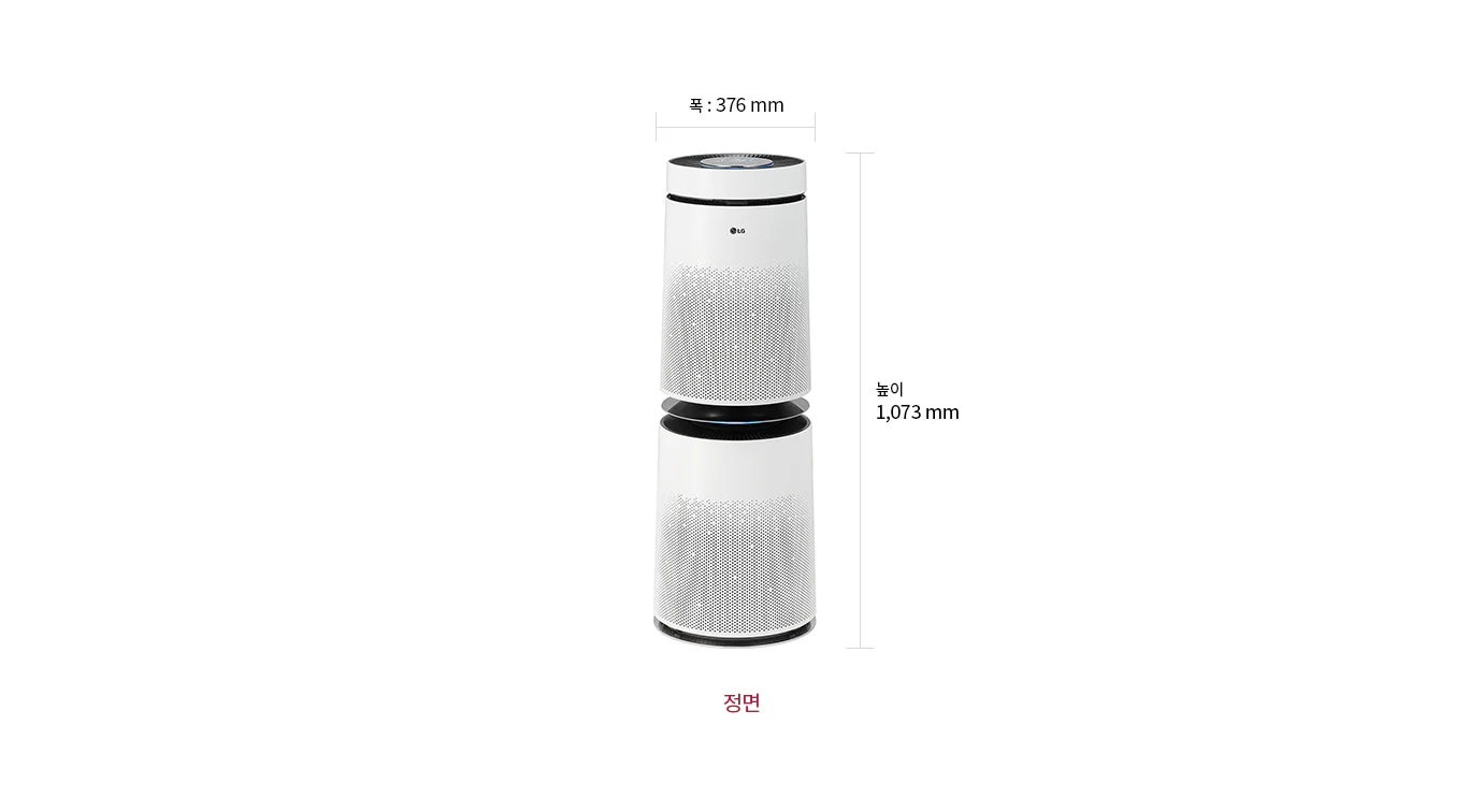 공기청정기 정면 모습이 있으며, 제품의 크기는 폭 376mm, 높이 1,073mm입니다.