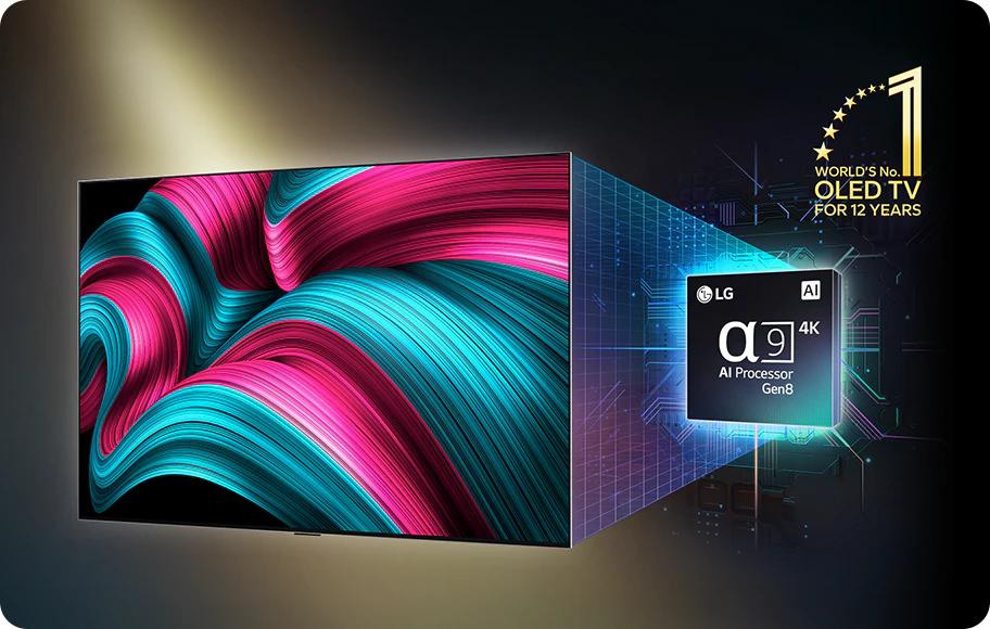 화려한 색상의 추상적인 패턴이 화면에 표시된 OLED TV 이미지입니다. TV 옆에는 LG α9 4K AI Processor Gen8이라는 텍스트가 있는 프로세서 이미지가 있으며, 그 위에는 'WORLD'S No.1 OLED TV FOR 12 YEARS'라는 문구가 있습니다. TV와 프로세서 이미지 사이에는 디지털 그래픽 요소가 포함되어 있습니다.