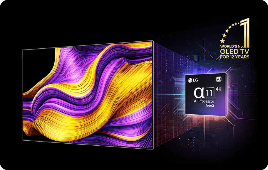이미지에는 LG OLED TV의 광고가 포함되어 있습니다. 화면에는 보라색과 노란색의 물결무늬가 표현되어 있으며, 오른쪽에는 'LG α11 4K AI Processor Gen2'라는 텍스트가 있는 프로세서 이미지가 있습니다. 상단에는 'WORLD'S No. 1 OLED TV FOR 12 YEARS'라는 문구가 별 모양과 함께 표시되어 있습니다. 배경은 어두운 색상으로 되어 있습니다.