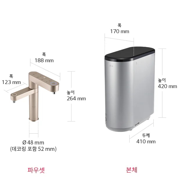 
  파우셋과 본체의 이미지입니다. 파우셋의 크기는 폭 188mm, 출수구 폭은 123mm, 높이 264mm, 지름 48mm(데코링 포함 52mm)입니다. 본체의 크기는 폭 170mm, 두께 410mm, 높이 420mm입니다.